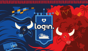Imagem ilustrativa com os bois Caprichoso e Garantido, navio porta-contêiner e elementos culturais de Parintins, representando a conexão logística da Log-In entre o Norte e o restante do Brasil.