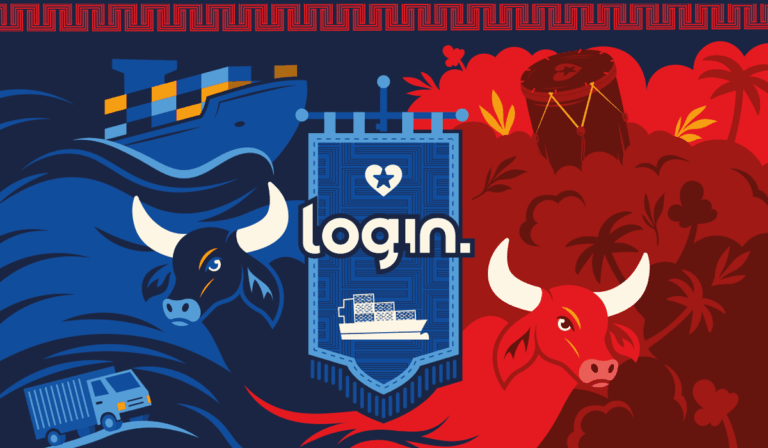 Imagem ilustrativa com os bois Caprichoso e Garantido, navio porta-contêiner e elementos culturais de Parintins, representando a conexão logística da Log-In entre o Norte e o restante do Brasil.