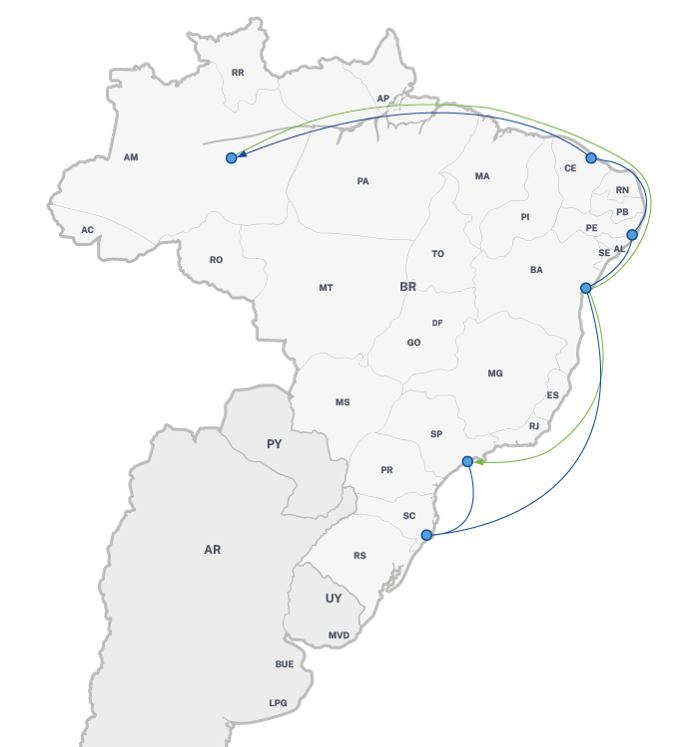 Mapa do Brasil com as rotas marítimas do Serviço Expresso Amazonas, conectando Manaus aos principais portos das regiões Norte, Nordeste, Sudeste e Sul.
