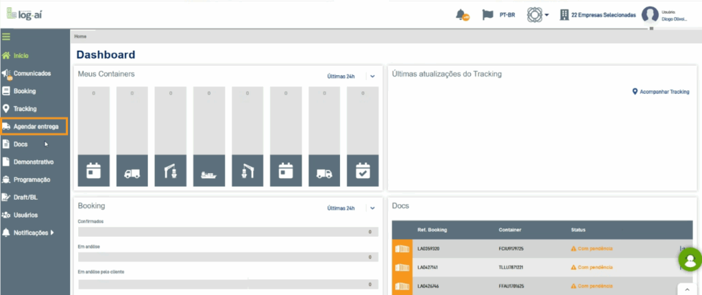 Interface do Módulo de Entrega da Log-Aí, solução digital para agendamento de entregas na cabotagem com mais controle e eficiência logística.