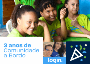 Crianças sorrindo com camisetas verdes do Instituto Social Esperança durante ação do programa Comunidade a Bordo, da Log-In Logística Integrada.