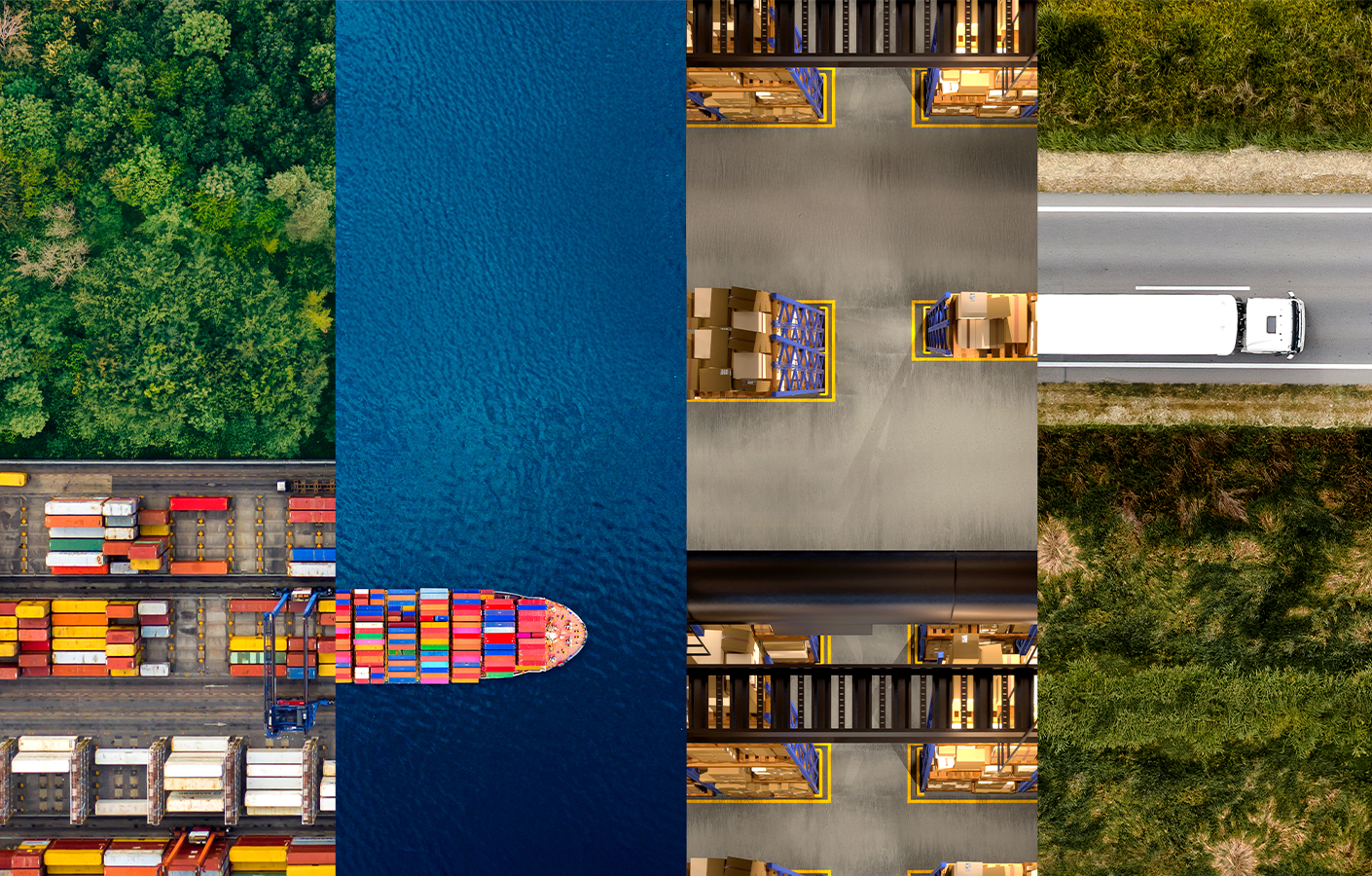 Imagem conceitual de logística integrada, com representação visual de cabotagem, armazenagem e transporte rodoviário de carga.