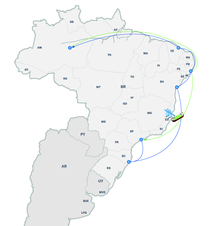 Mapa do Brasil destacando a nova rota do Serviço Expresso Amazonas na cabotagem, com a inclusão da escala em Suape, conectando o Norte e o Nordeste ao Sudeste com transit time de 3 dias até Santos.