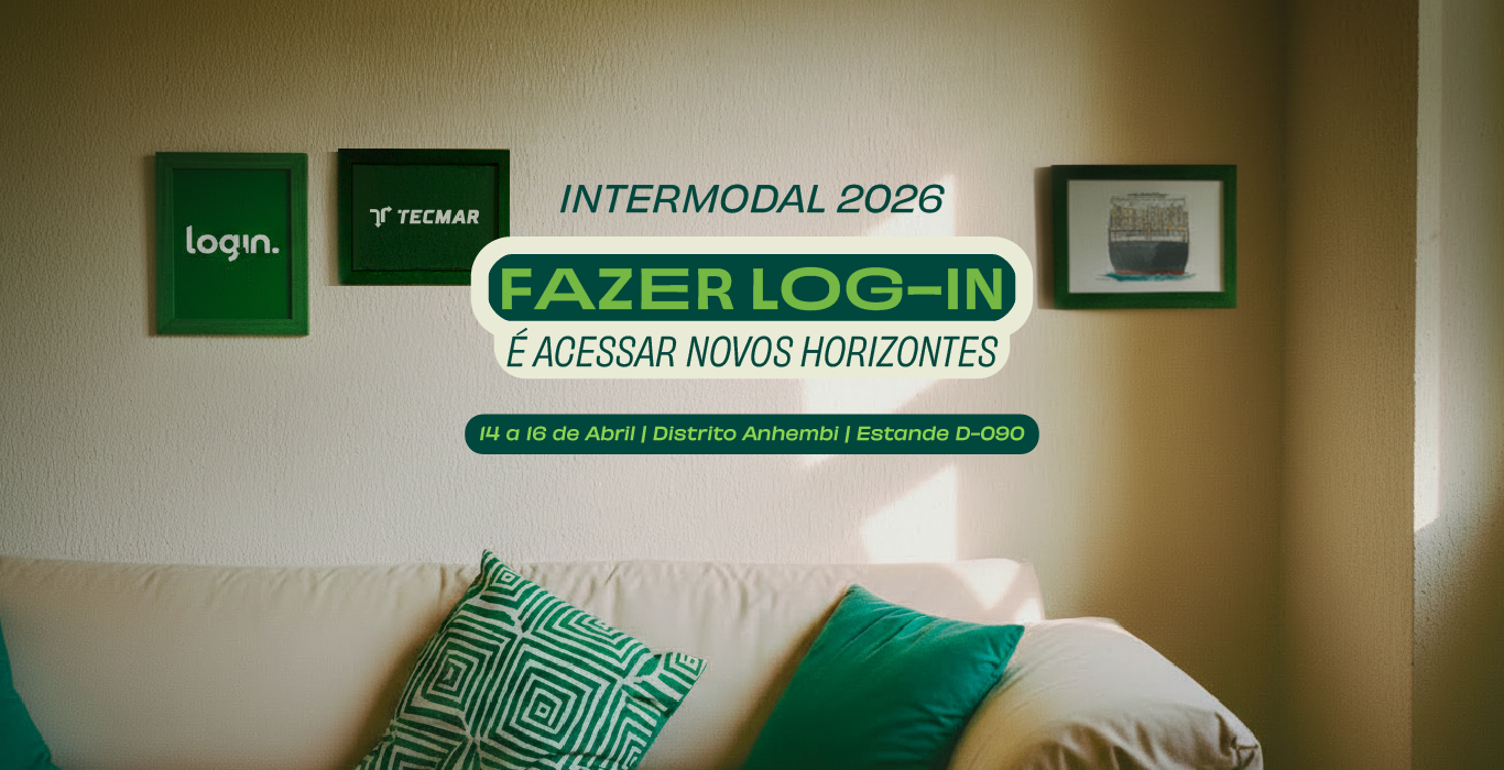 Banner da Log-In para a Intermodal 2026 convidando para visitar o estande D090 e conhecer soluções de logística integrada.