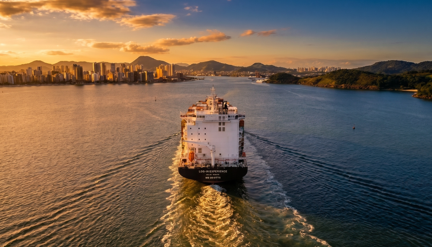Navio Log-In Experience navegando pela costa brasileira durante operação de cabotagem ao entardecer em Vitória