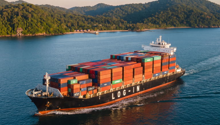 Navio porta-contêineres da Log-In navegando pela costa brasileira durante operação de cabotagem sustentável.