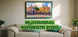 Sala de estar representando a Casa Log-In, com fotografia de Recife e a frase “Multimodal Nordeste 2026.