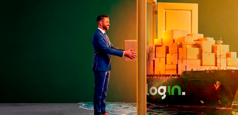 Header sobre armazenagem para a Black Friday, com executivo, caixas e navio da Log-In, acompanhado da frase “Antes da oferta, Faz Log-In!